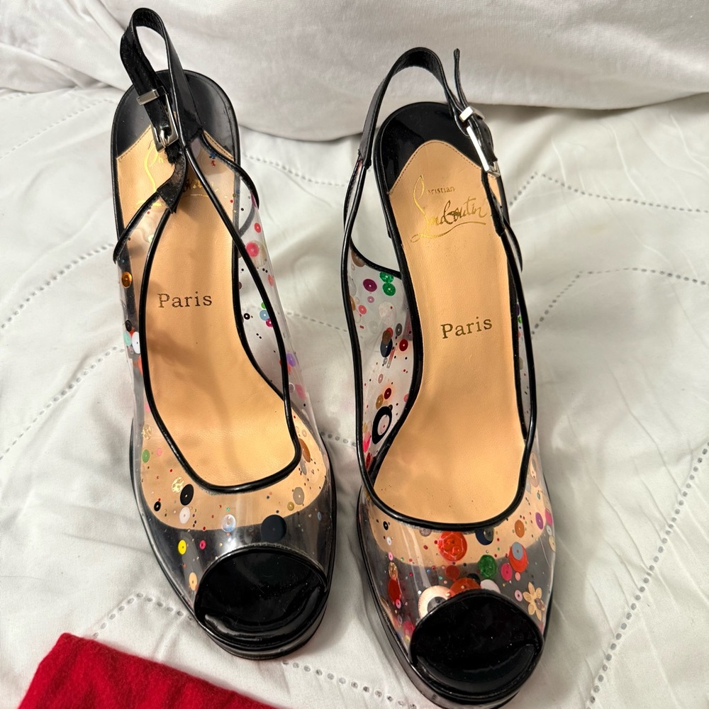 Christian Louboutin “UN BOUT” PVC Sequin Slingback Peep Toe Heels – Size 40.5 - Picture 2 of 6
